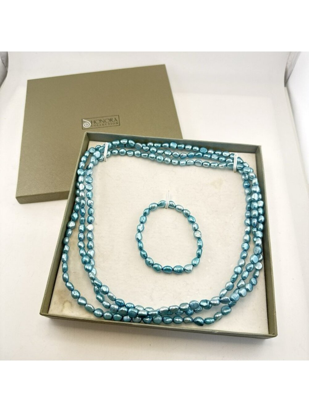 Honora Necklace Bracelet Set Lot Blue Pastel Flapper Opera 64" Long Boxed